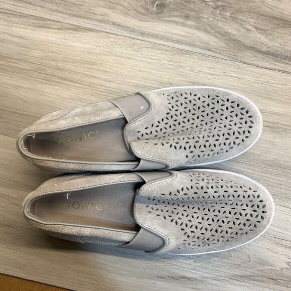 Vionic Slip On Sneakers Gray Laser Cut Perforated Suede Shoes Flat Womens Size 7 - Picture 9 of 10